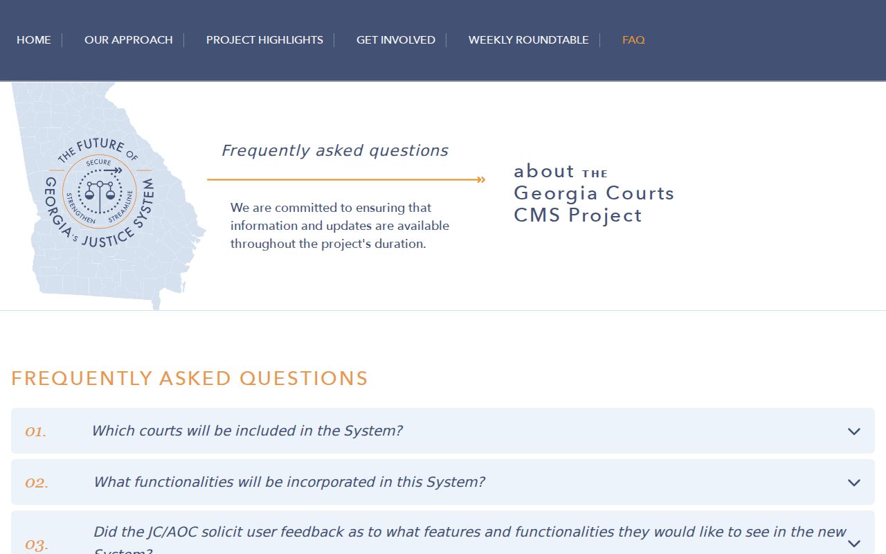 Georgia Gavel CMS FAQ describing supported court workflows