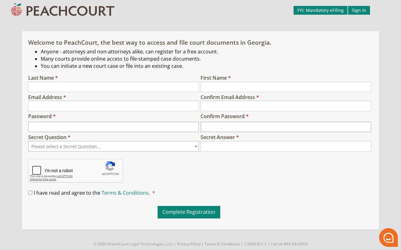 PeachCourt free-account registration for Irwin County case searches