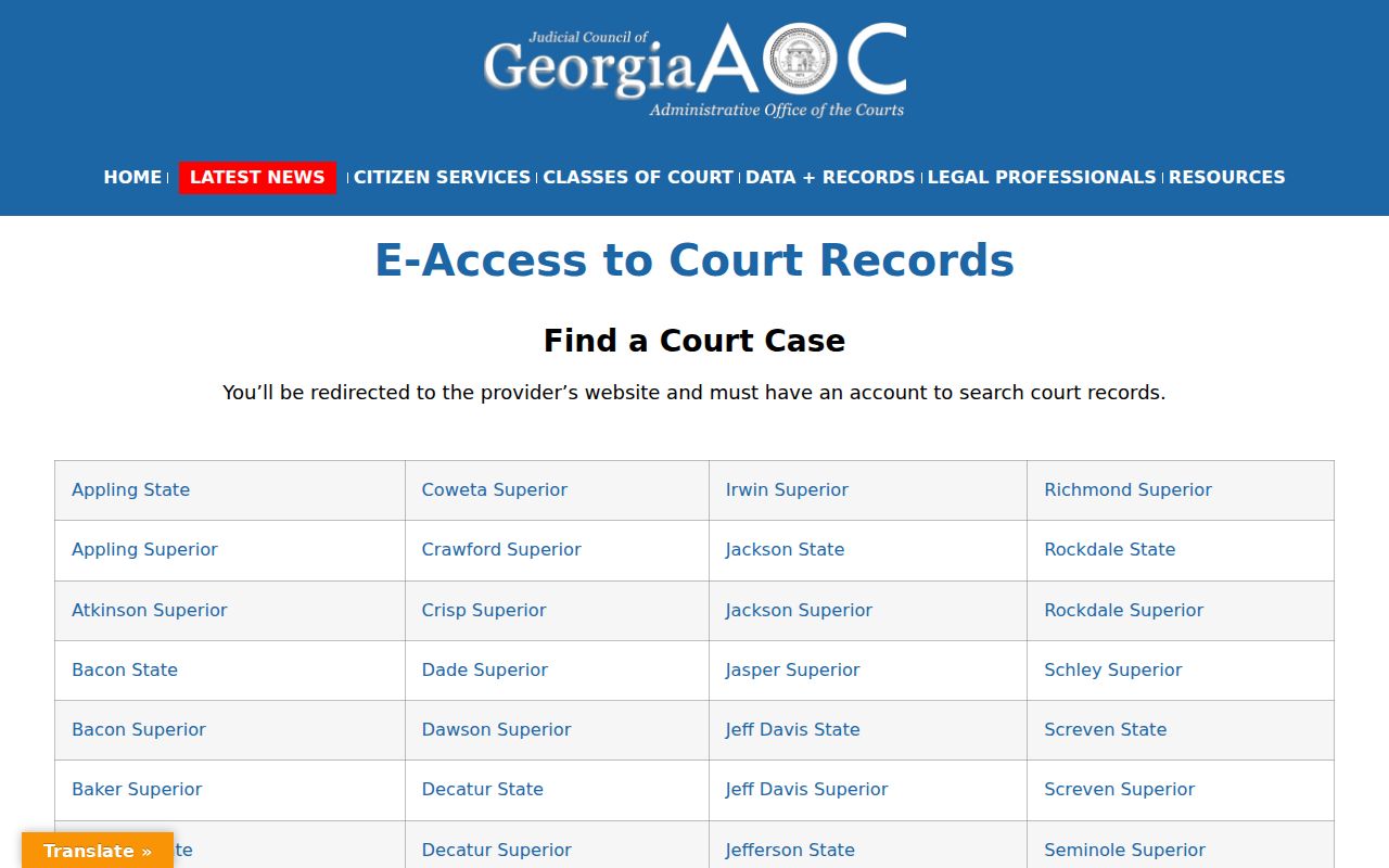 Georgia E-Access directory for an Irwin County docket search