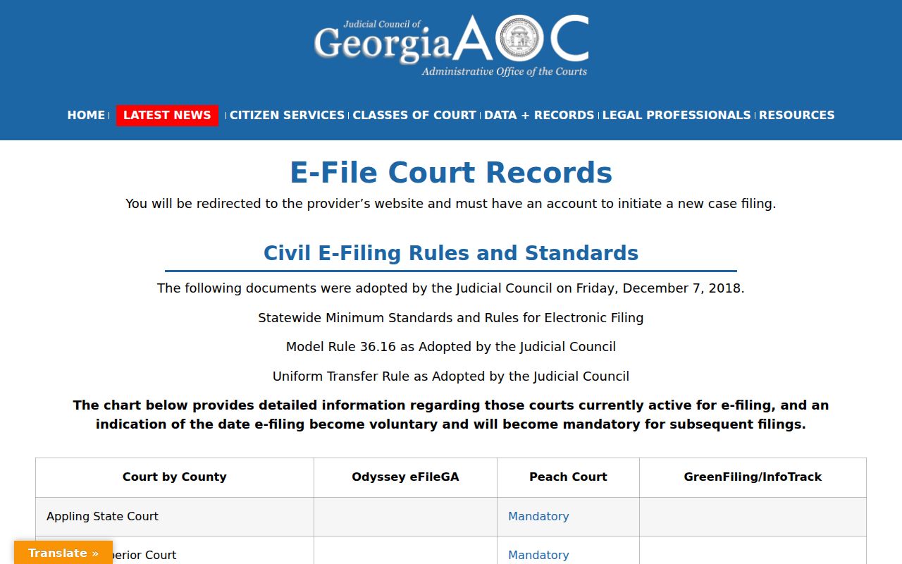 Georgia Courts e-file table identifying PeachCourt for Irwin Superior Court