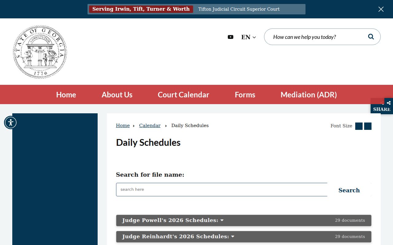 Tifton daily schedule document center used for Irwin County court dates
