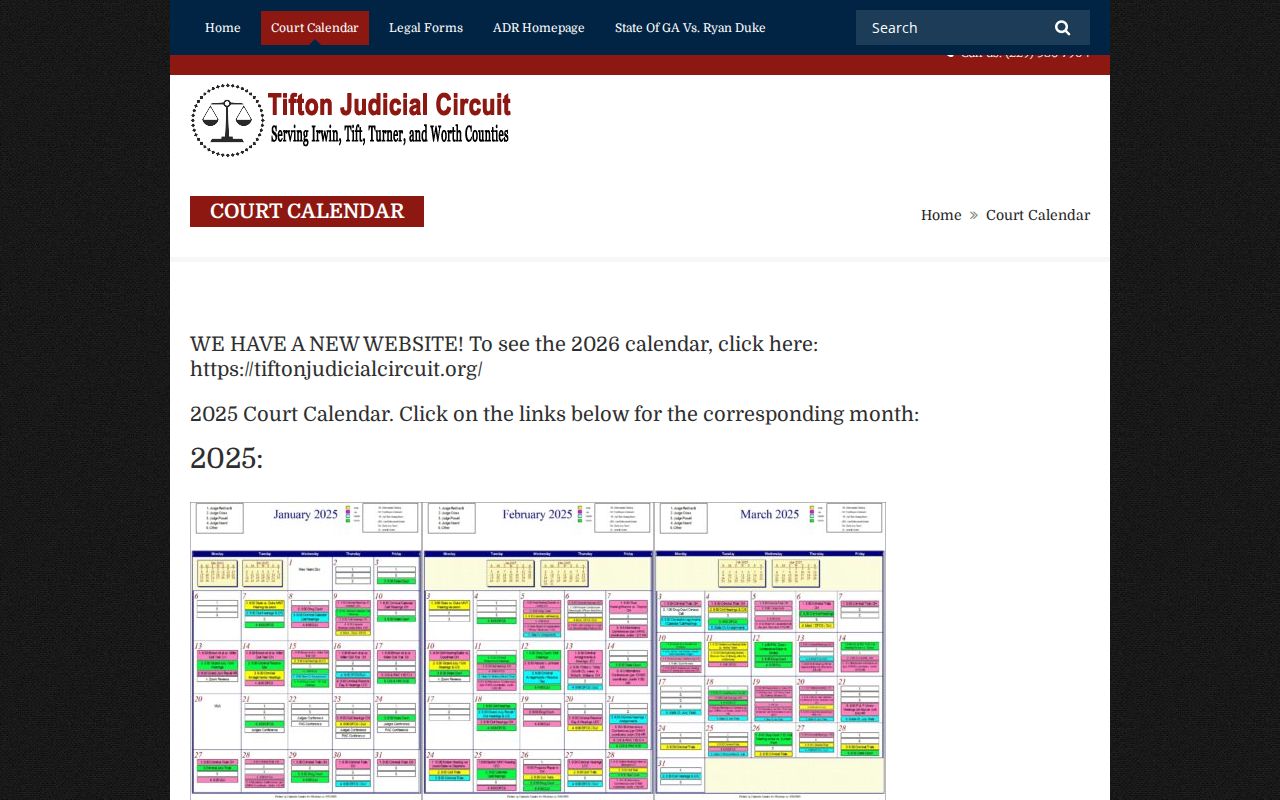 Prior Tifton circuit court calendar directing users to the 2026 site