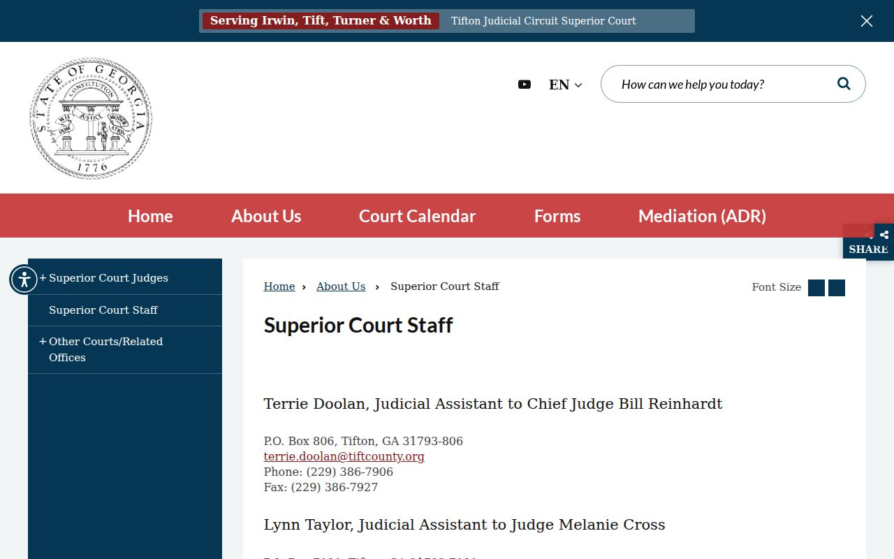 Tifton Judicial Circuit staff page supporting Irwin County schedule contacts