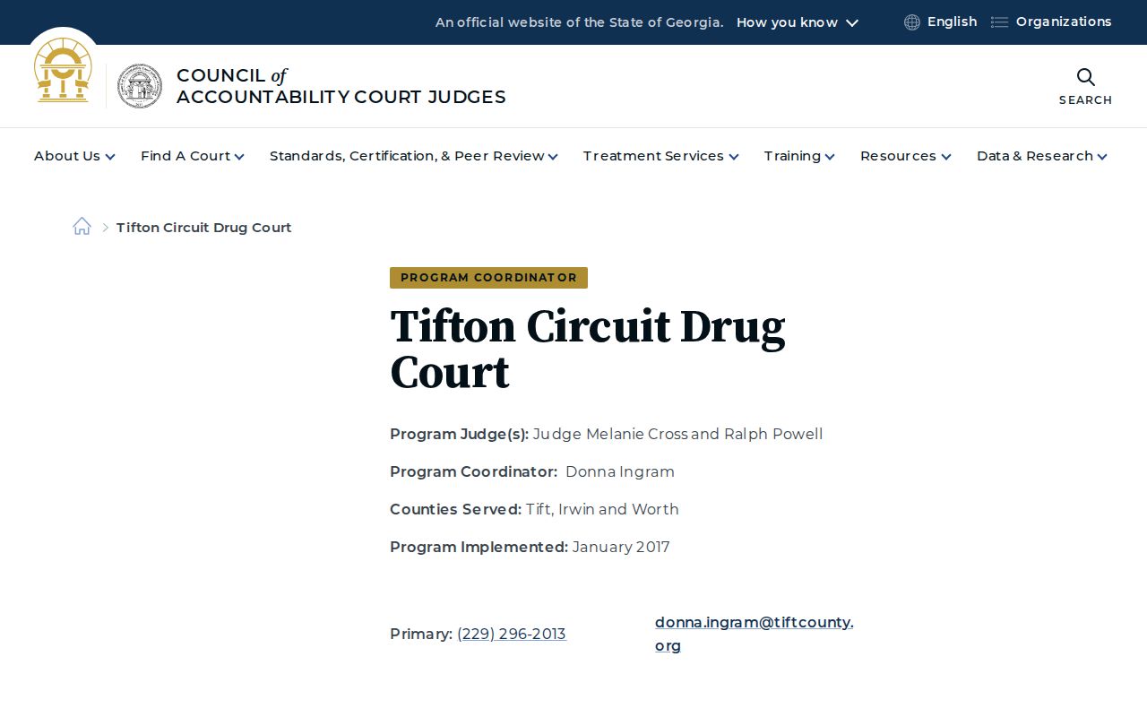 Official Tifton Circuit Drug Court listing that includes Irwin County
