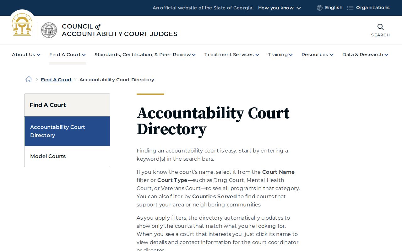 Georgia Accountability Court directory used to locate programs serving Irwin County