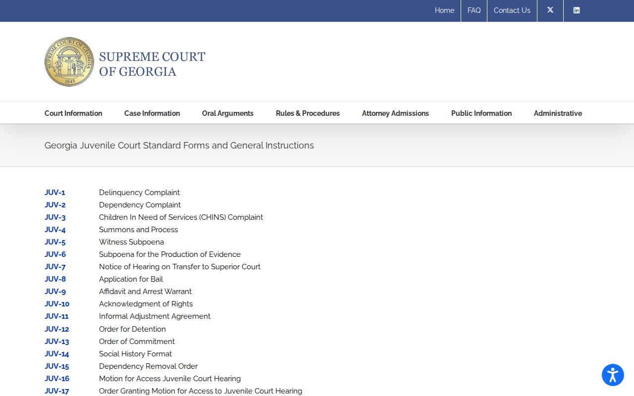 Georgia Juvenile Court standard forms page showing procedural form categories