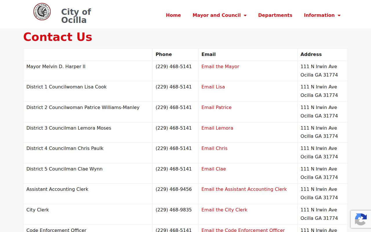 Ocilla court records City Hall contact page